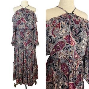 1.STATE Paisley Halter Neck Cold Shoulder Maxi Dress Large Boho Festival Western